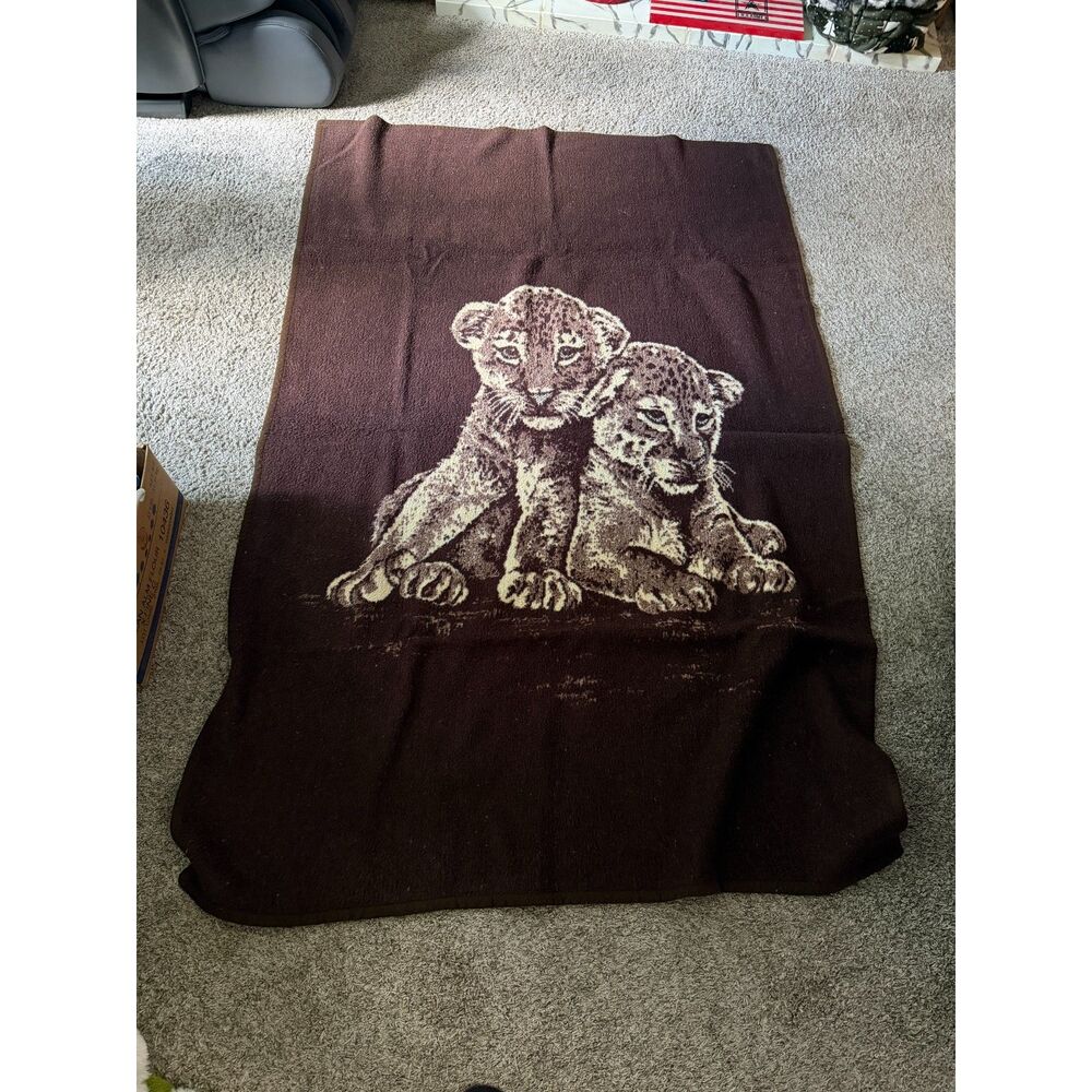 Vintage Reversible Leopard Cub Blanket Brown Cream Wildlife 52x80
